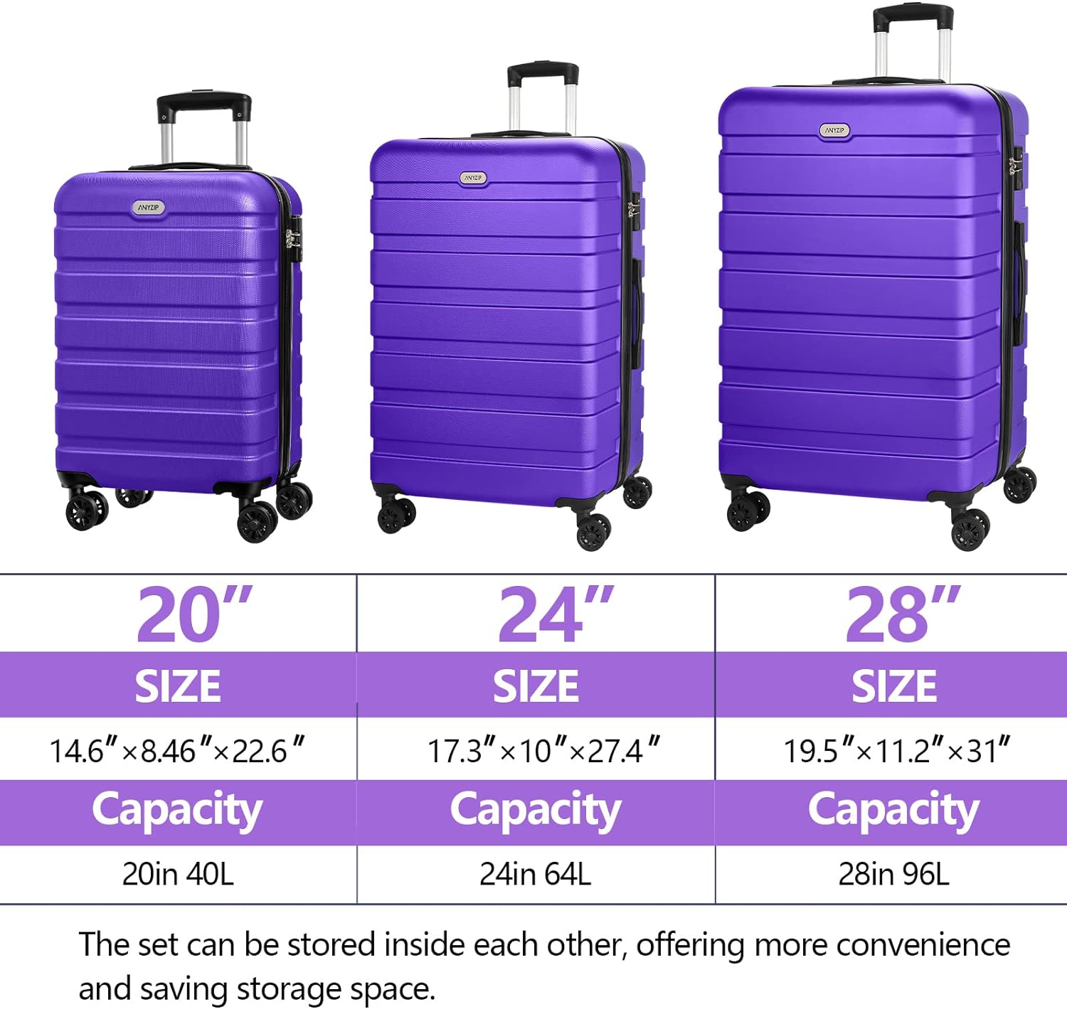 AnyZip Luggage Sets 3 Piece PC ABS Hardside Lightweight Suitcase with 4 Universal Wheels TSA Lock Carry On 20 24 28 Inch Light Blue - Image 3